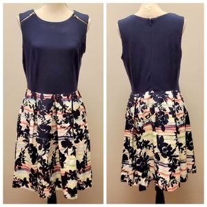 Madison Leigh Sz 12 Large Blue Floral Sleeveless Dress Cotton Spandex Hawaiian
